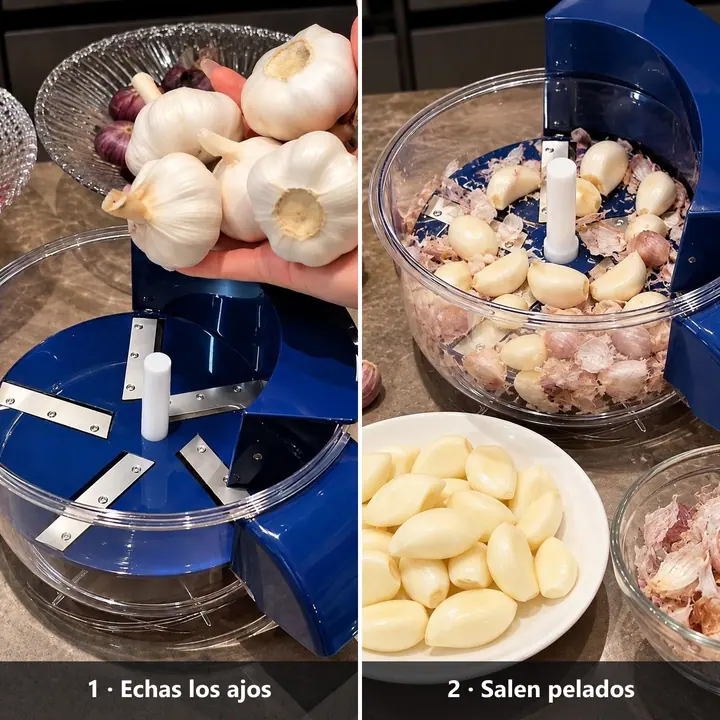 PeelPro con ajos: a la izquierda los ajos sobre el aparato abierto; a la derecha, los ajos ya pelados y sus pieles aparte