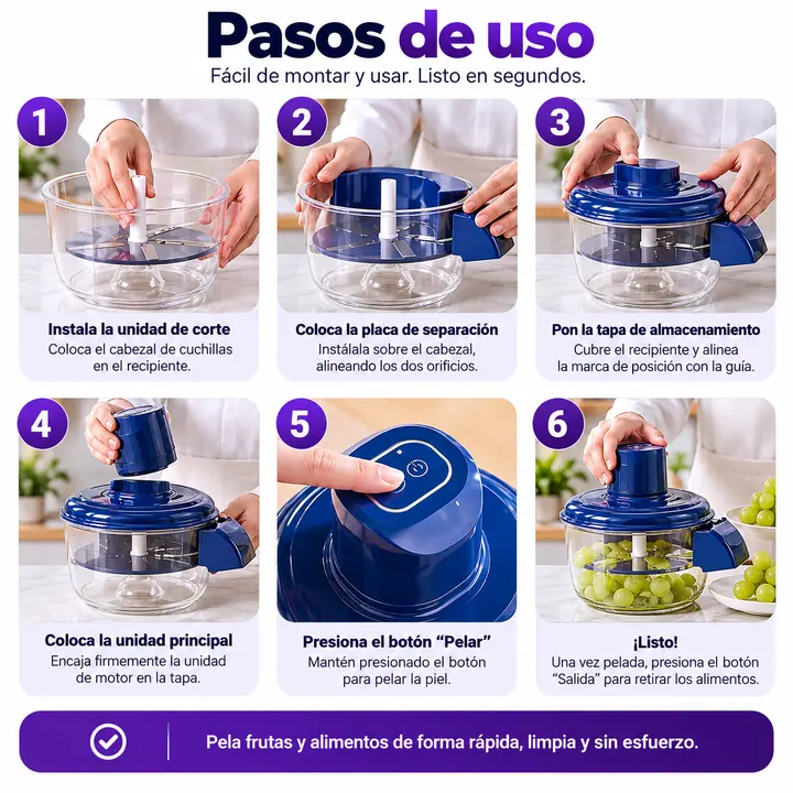 Guía de uso de PeelPro en 6 pasos: instalar la unidad de corte, colocar la placa y la tapa, pulsar «Pelar»